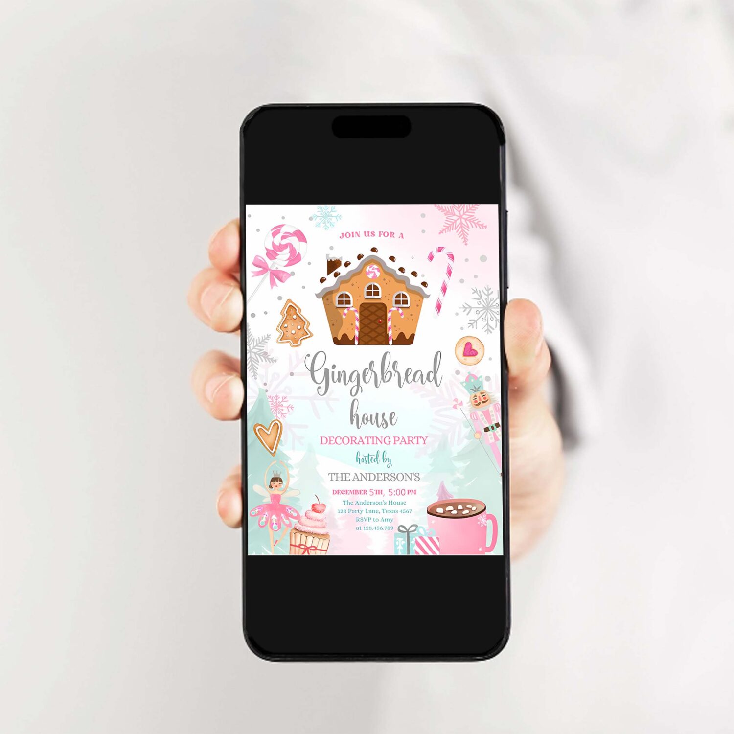 Editable gingerbread house decorating party invitation land of sweets pink silver cookie decorating download printable template corjl 0352 2