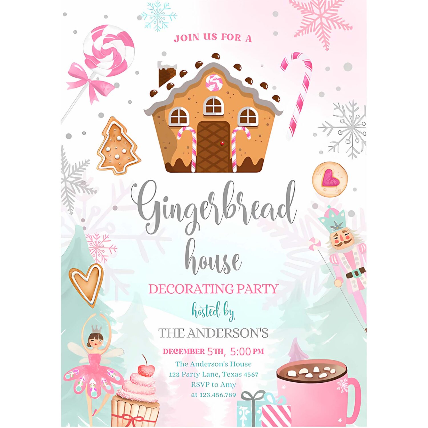 Editable gingerbread house decorating party invitation land of sweets pink silver cookie decorating download printable template corjl 0352 4