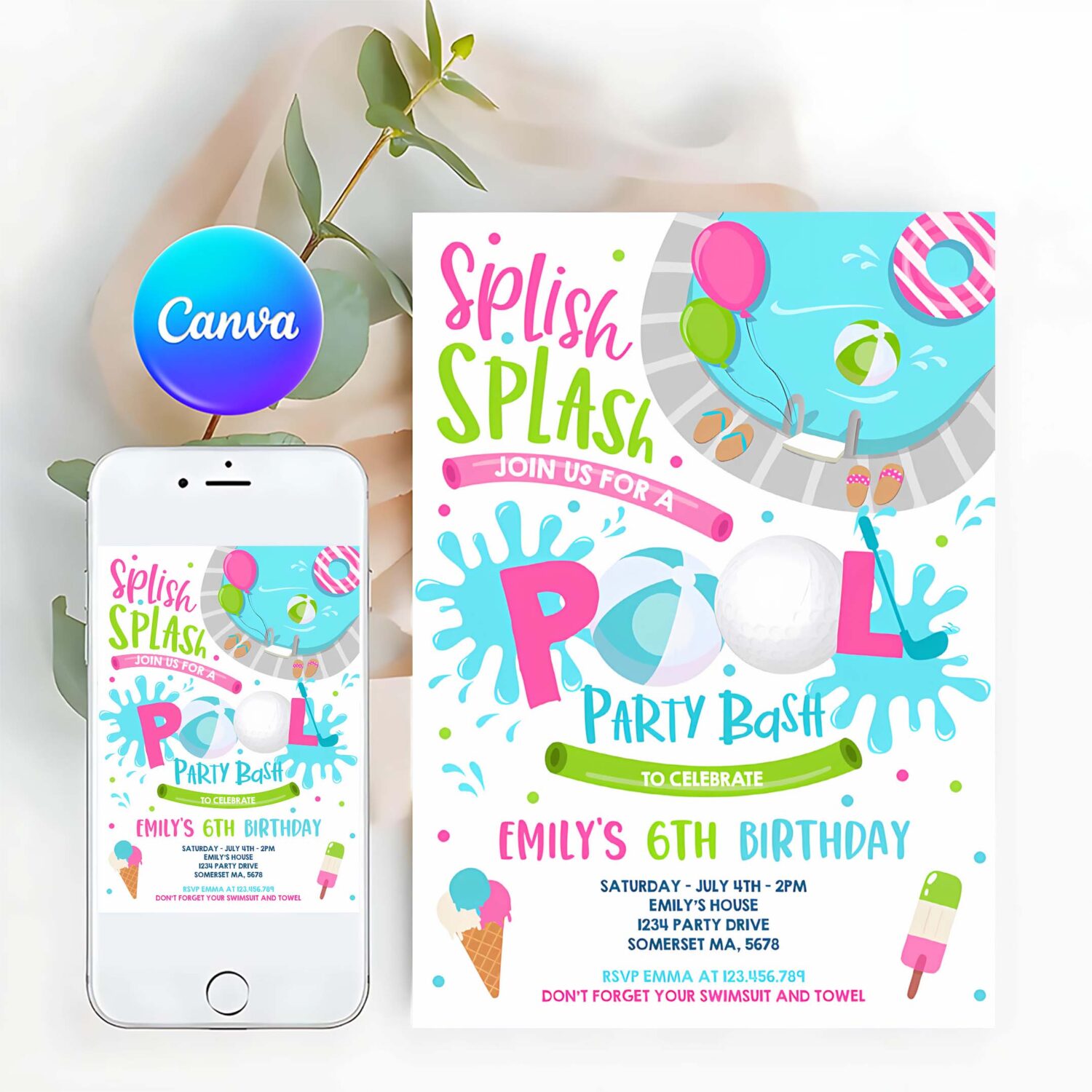 Editable girl golf pool party invitation sports summer pink girl pool party pool bbq birthday party pool birthday