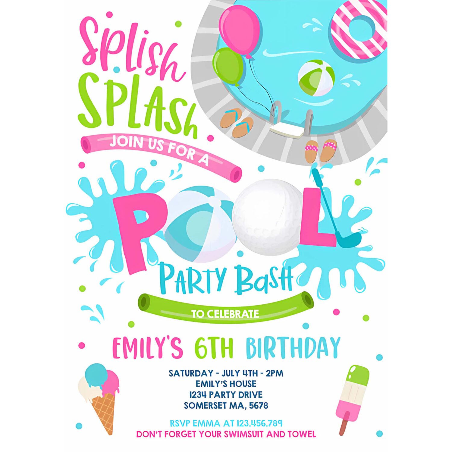 Editable girl golf pool party invitation sports summer pink girl pool party pool bbq birthday party pool birthday 4