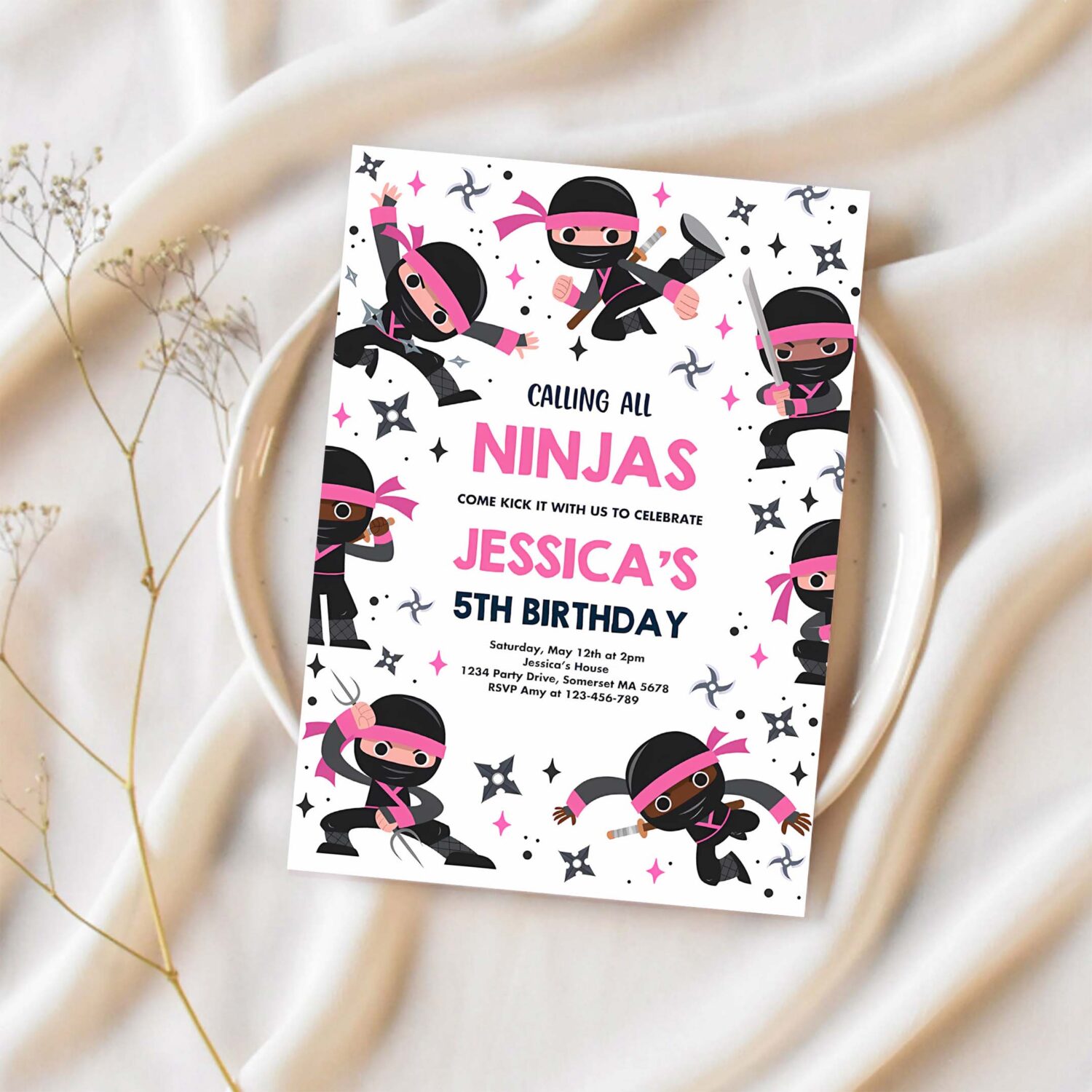 Editable girl ninja birthday party invitation pink karate birthday warrior birthday party martial arts ninja party 1