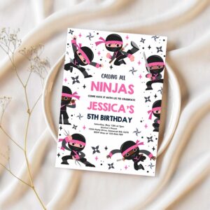Editable girl ninja birthday party invitation pink karate birthday warrior birthday party martial arts ninja party 1