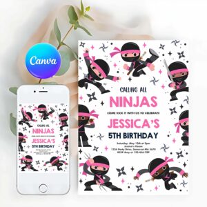 Ninja Invitation, Pink Karate Birthday Warrior Birthday Party Martial Arts Ninja Party Template Invitation