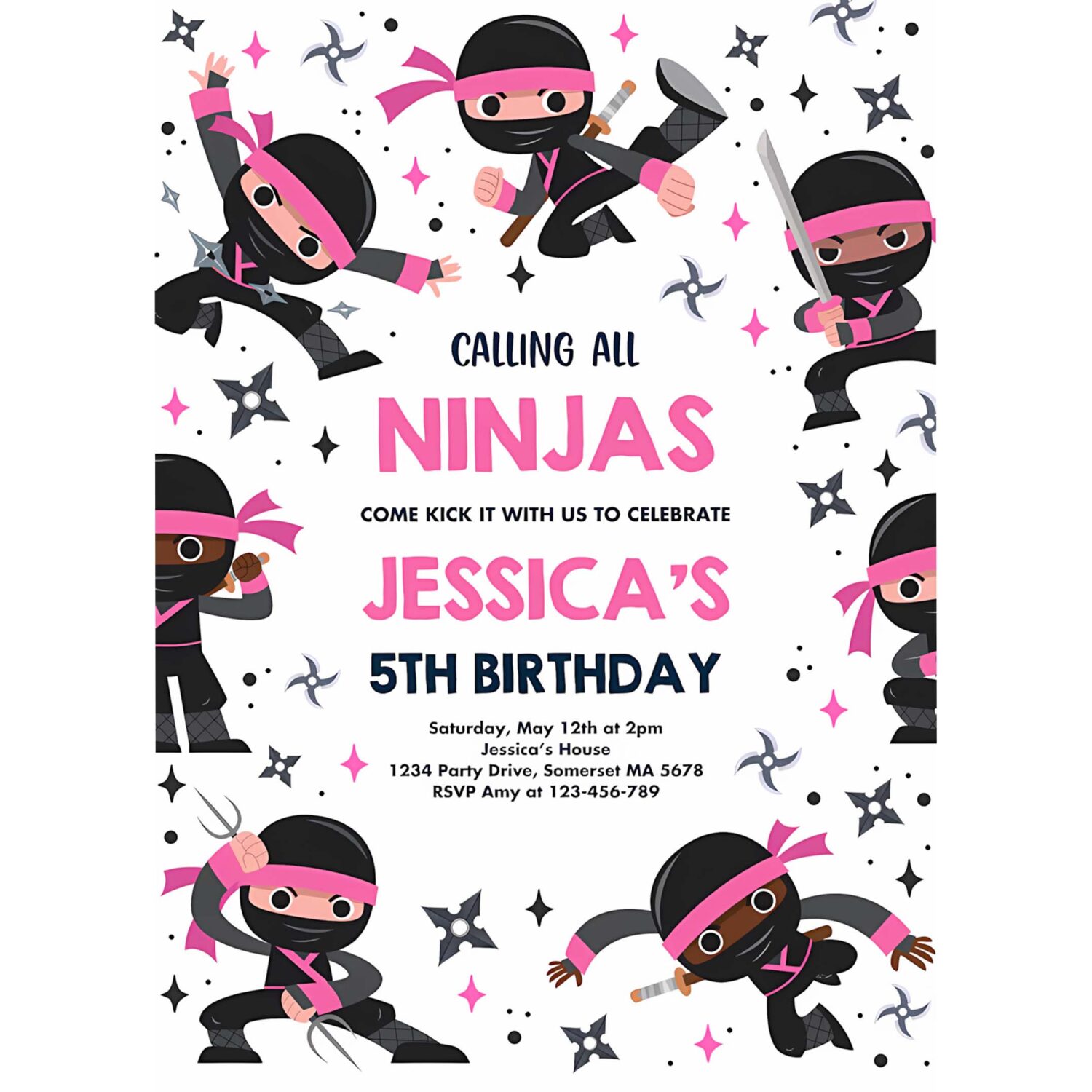 Editable girl ninja birthday party invitation pink karate birthday warrior birthday party martial arts ninja party 4