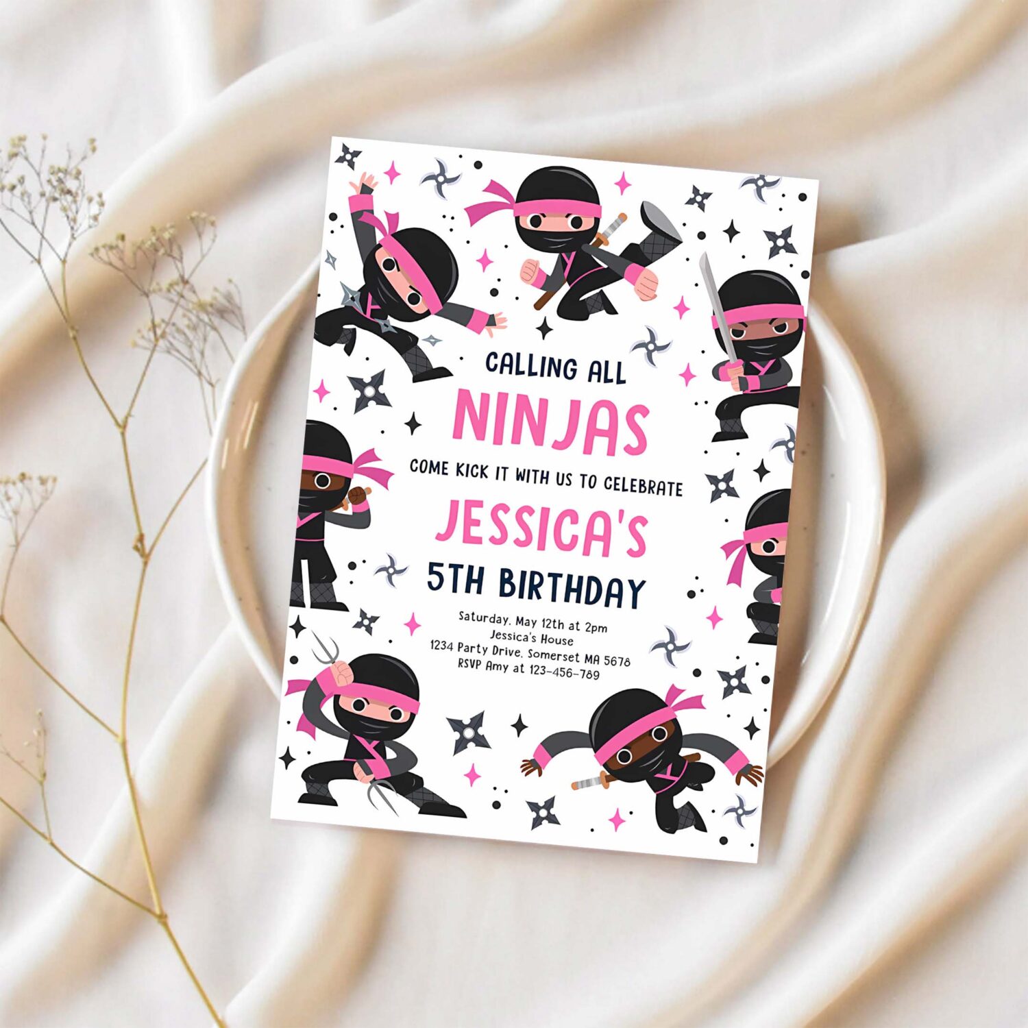 Editable girl ninja birthday party invitation pink karate birthday warrior birthday party martial arts ninja party instant download cr4 1