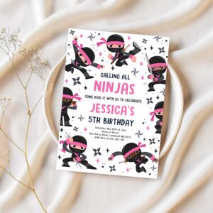 Editable girl ninja birthday party invitation pink karate birthday warrior birthday party martial arts ninja party instant download cr4 1