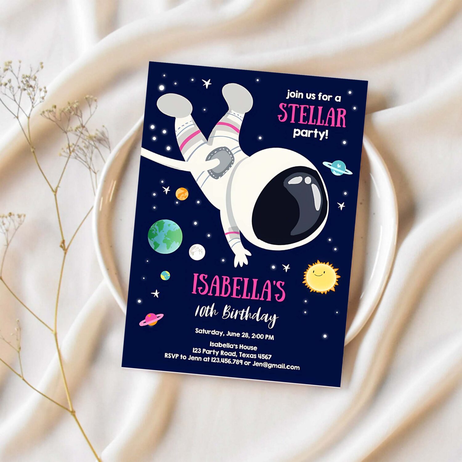 Editable girl space birthday party invitation outer space galaxy planets and stars girly download printable template digital corjl 0259 1