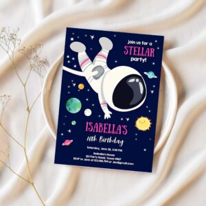 Editable girl space birthday party invitation outer space galaxy planets and stars girly download printable template digital corjl 0259 1