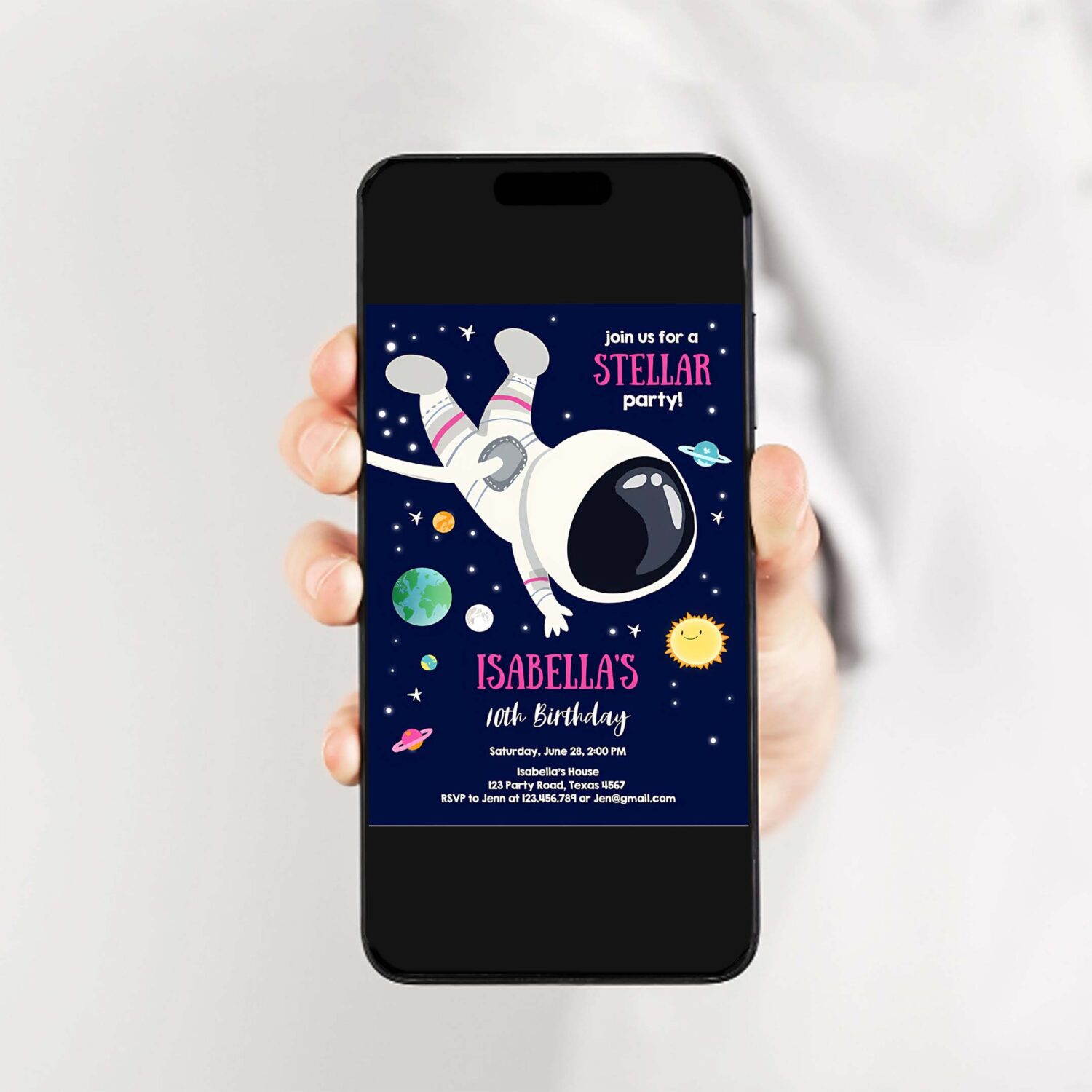 Editable girl space birthday party invitation outer space galaxy planets and stars girly download printable template digital corjl 0259 2