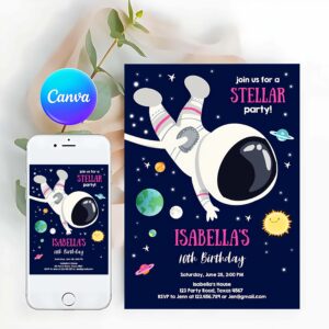Outer Space Invitation, Girl Space Outer Space Galaxy Planets and Stars Astronaut Invitation