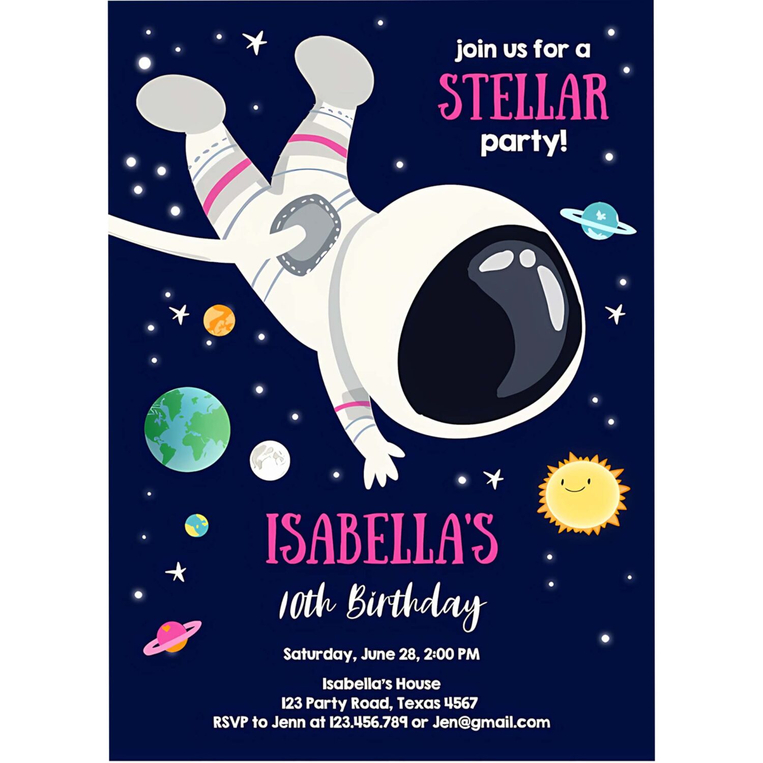 Editable girl space birthday party invitation outer space galaxy planets and stars girly download printable template digital corjl 0259 4