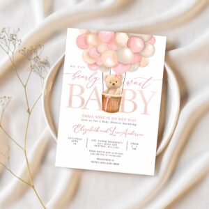 Editable girl teddy bear hot air balloon bear theme baby shower invitation we can bearly wait invites template 1