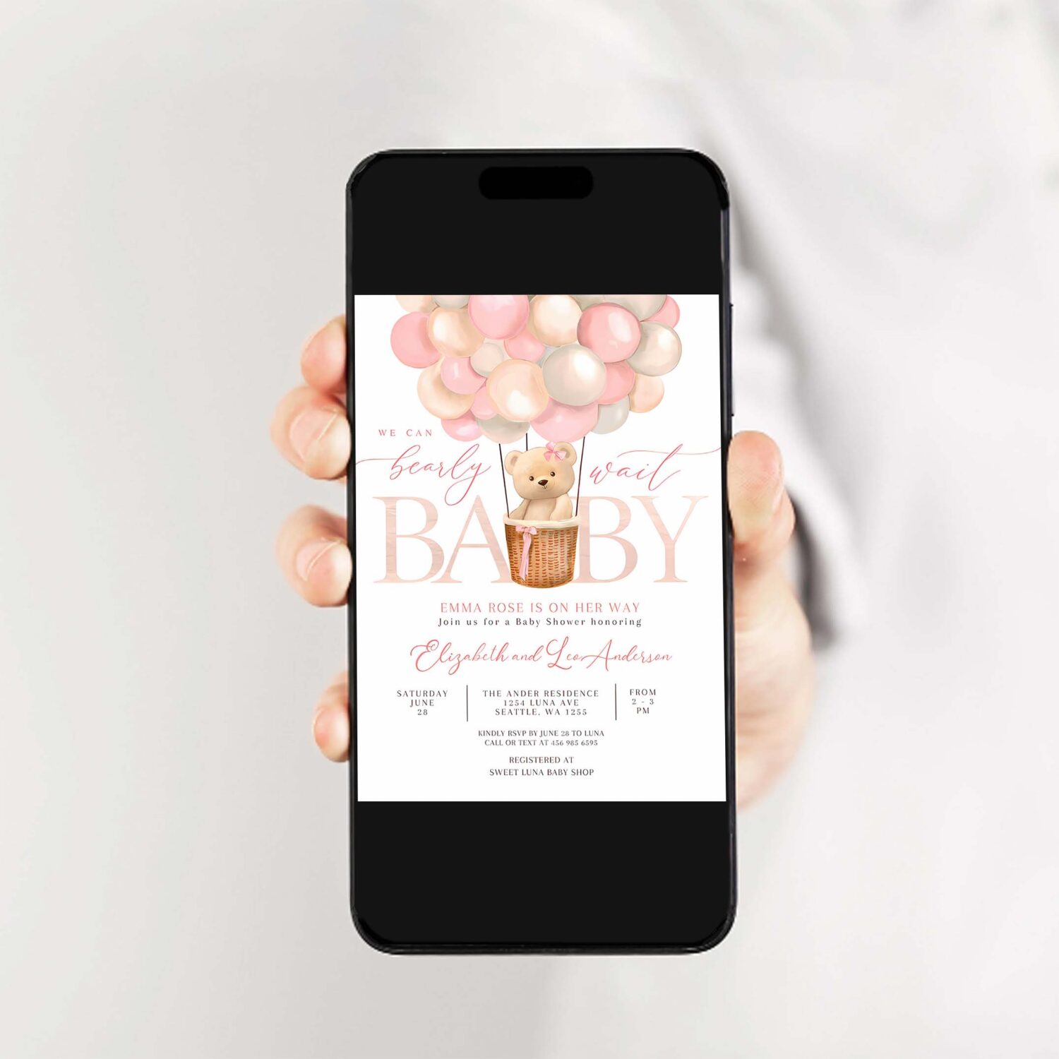Editable girl teddy bear hot air balloon bear theme baby shower invitation we can bearly wait invites template 2