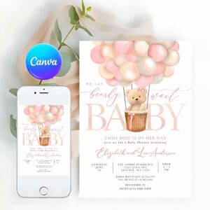 Teddy Bear Invitation, Girl Teddy Bear Hot Air Balloon Bear Theme Baby Shower Invitation