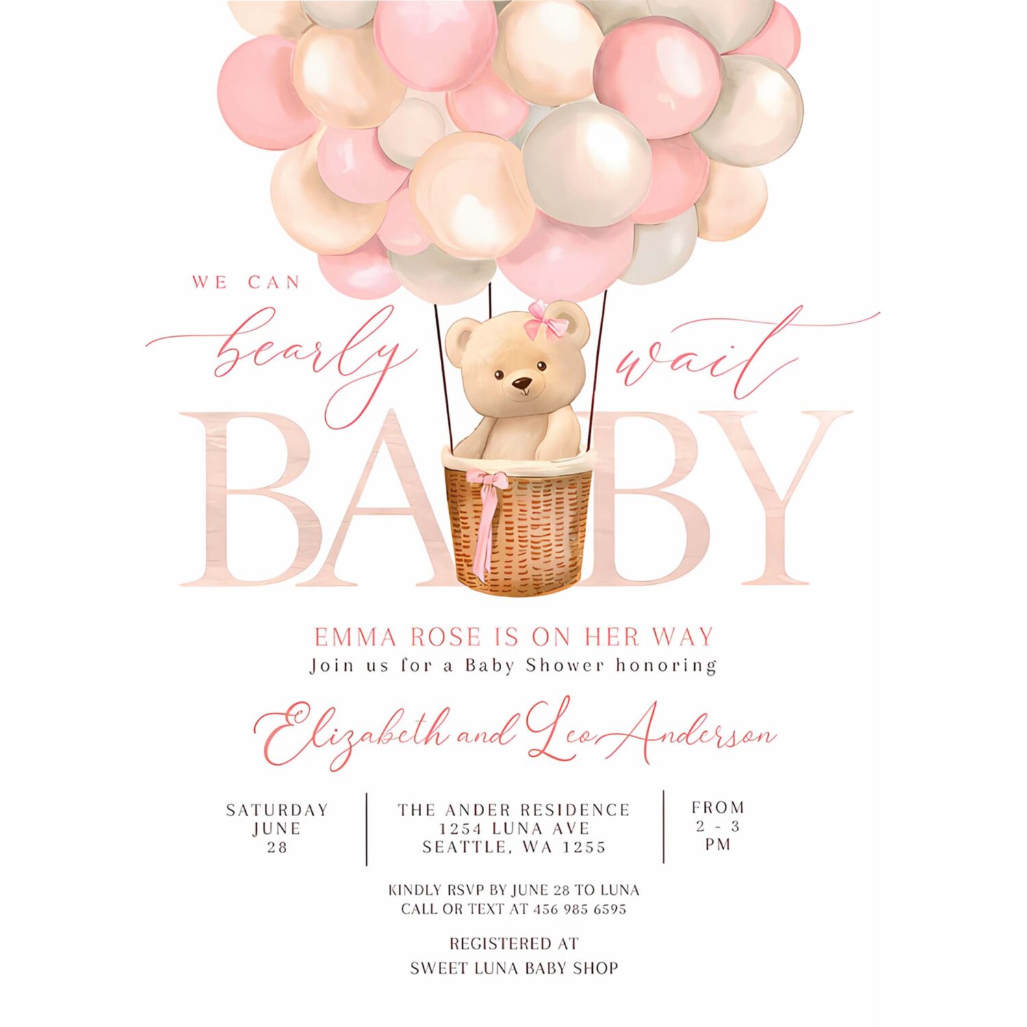 Editable girl teddy bear hot air balloon bear theme baby shower invitation we can bearly wait invites template 4