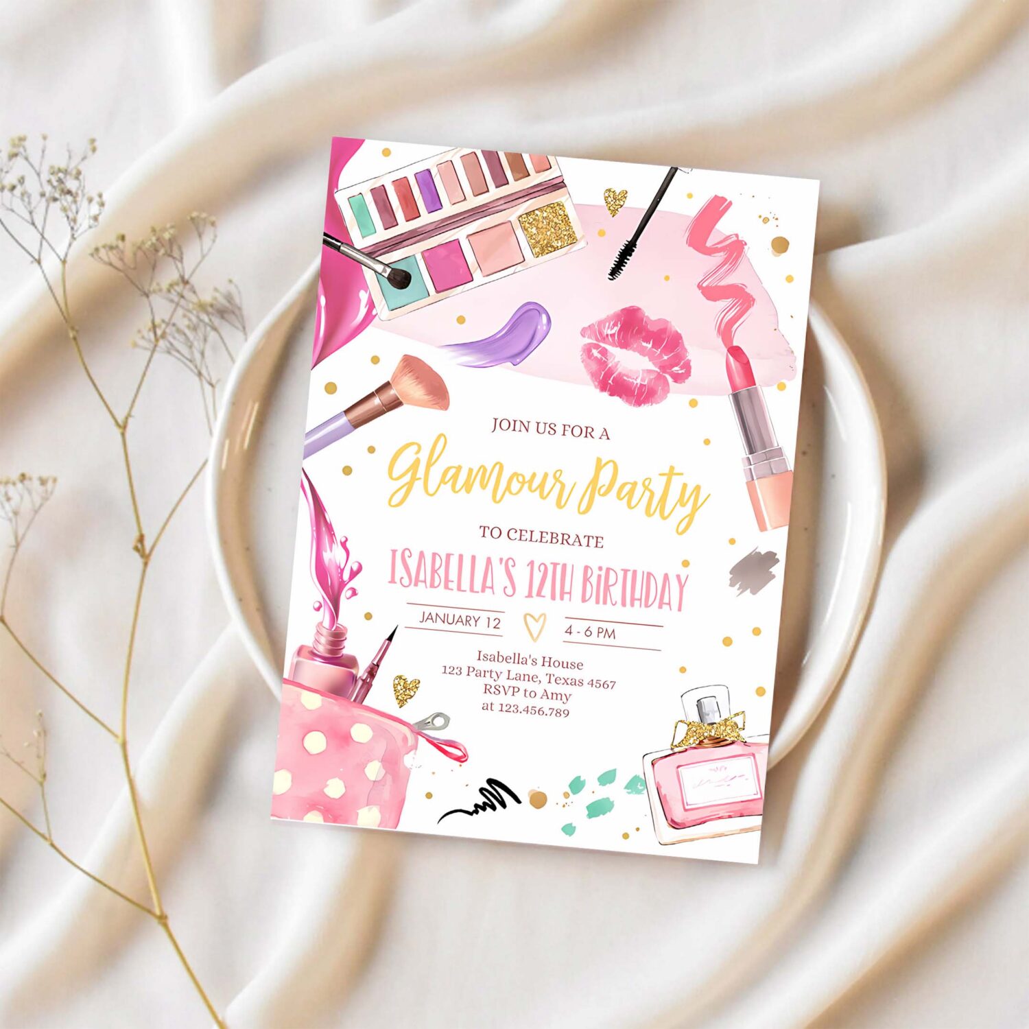 Editable glamour birthday party glitz and glam party spa makeup birthday invitation pink gold girl download printable template corjl 0420 1