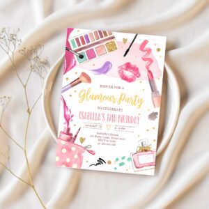 Editable glamour birthday party glitz and glam party spa makeup birthday invitation pink gold girl download printable template corjl 0420 1