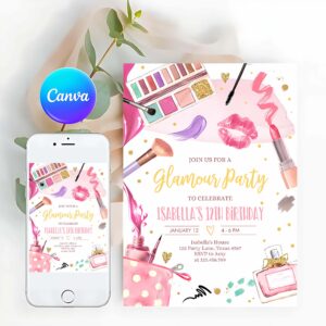 Glitz And Glam Invitation, Glamour Birthday Party, Glitz and Glam Party, Spa Makeup Birthday Invitation