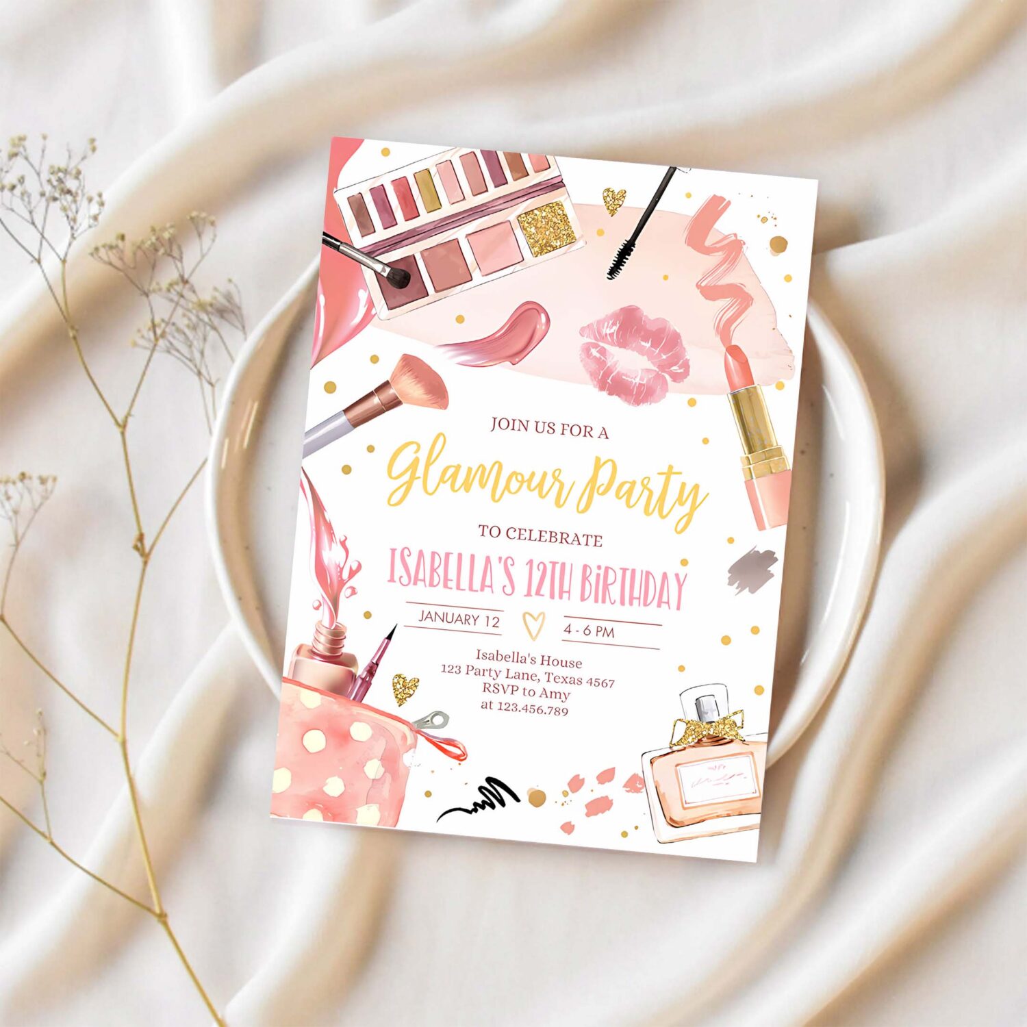 Editable glamour party glitz and glam party spa makeup birthday invitation pink gold girl download printable template corjl 0420 1