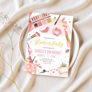 Editable glamour party glitz and glam party spa makeup birthday invitation pink gold girl download printable template corjl 0420 1