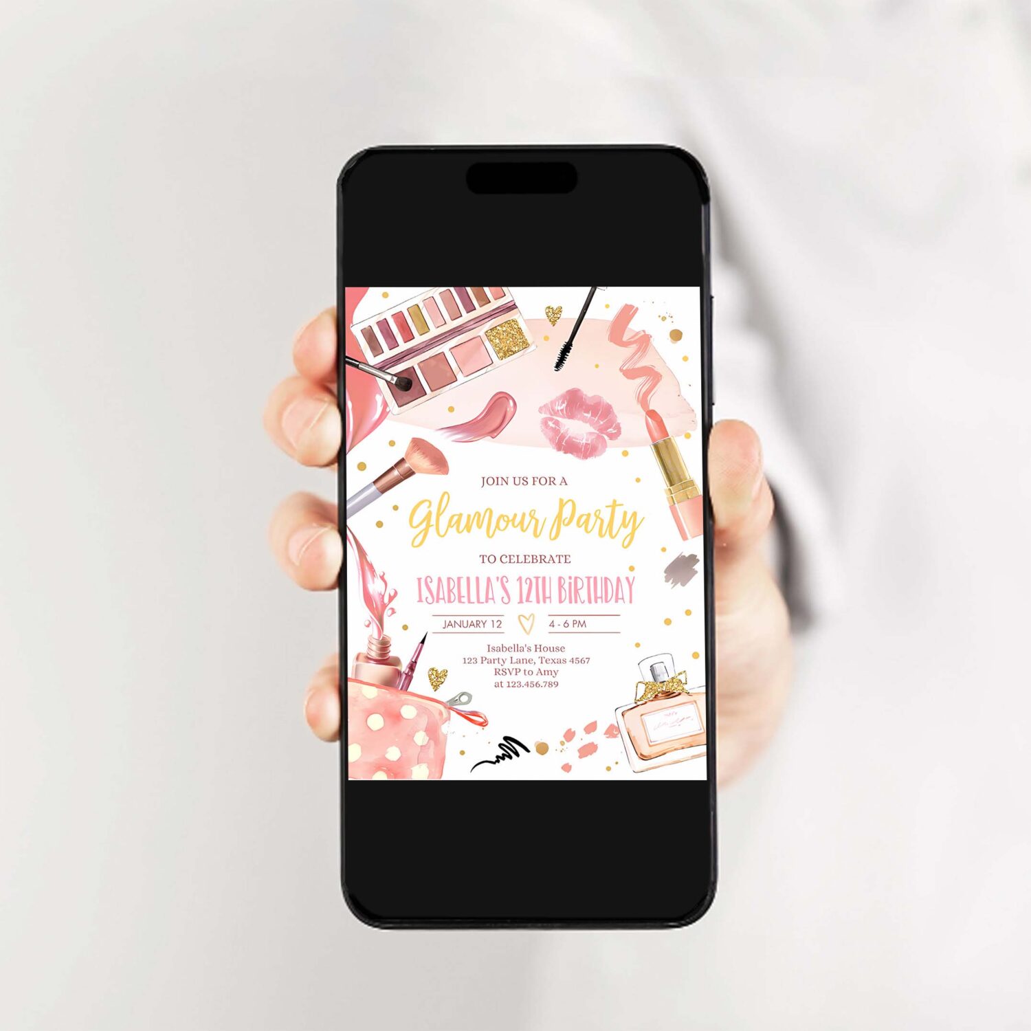 Editable glamour party glitz and glam party spa makeup birthday invitation pink gold girl download printable template corjl 0420 2