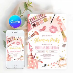 Glitz And Glam Invitation, Glamour Party, Glitz and Glam Party, Spa Makeup Birthday Invitation