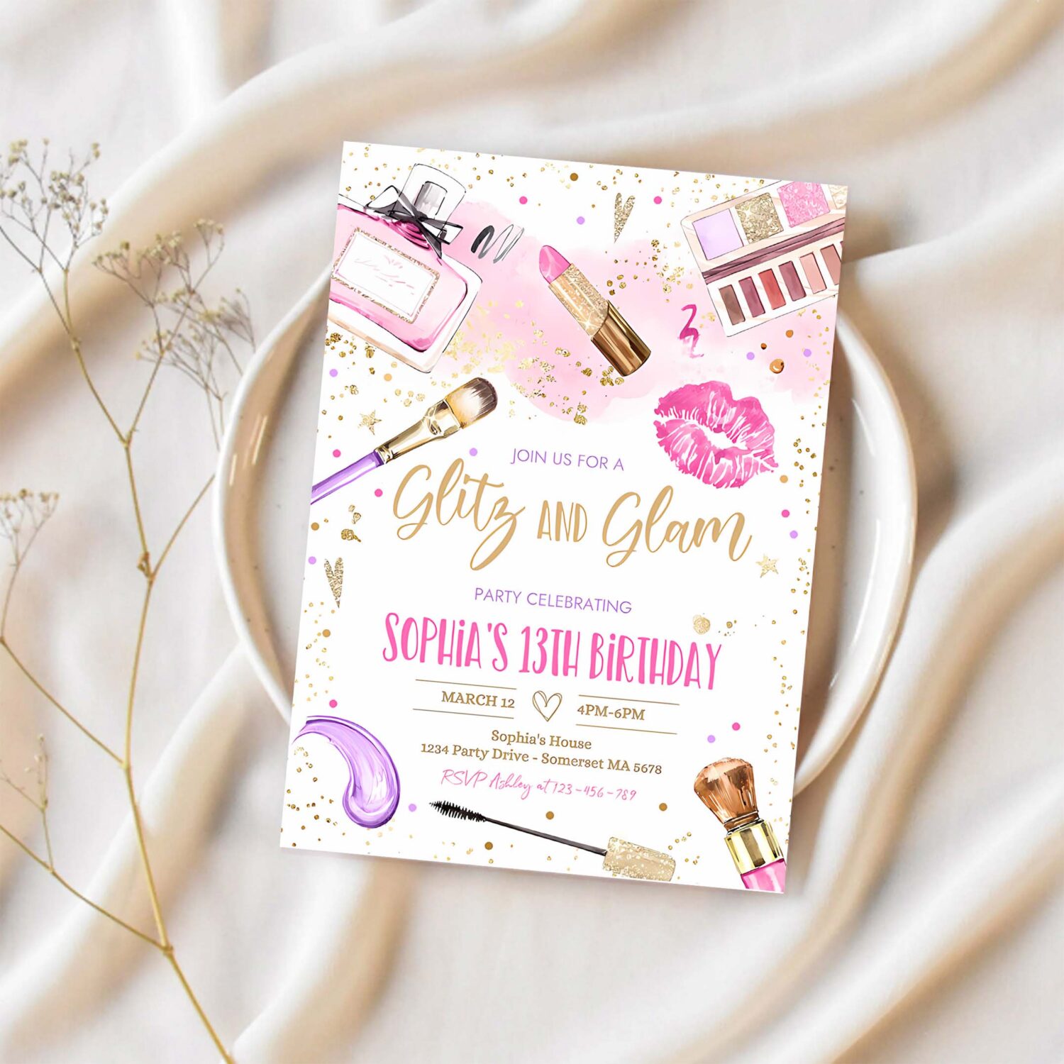 Editable glitz and glam birthday invitation spa makeup birthday party invitation blush pink gold spa tween party instant download ks 1