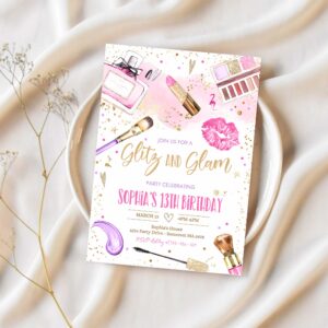 Editable glitz and glam birthday invitation spa makeup birthday party invitation blush pink gold spa tween party instant download ks 1