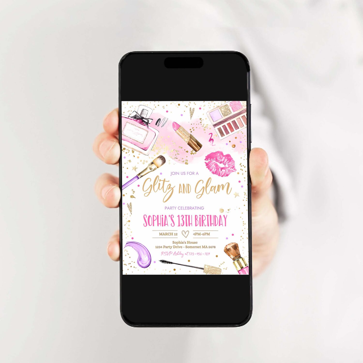 Editable glitz and glam birthday invitation spa makeup birthday party invitation blush pink gold spa tween party instant download ks 2
