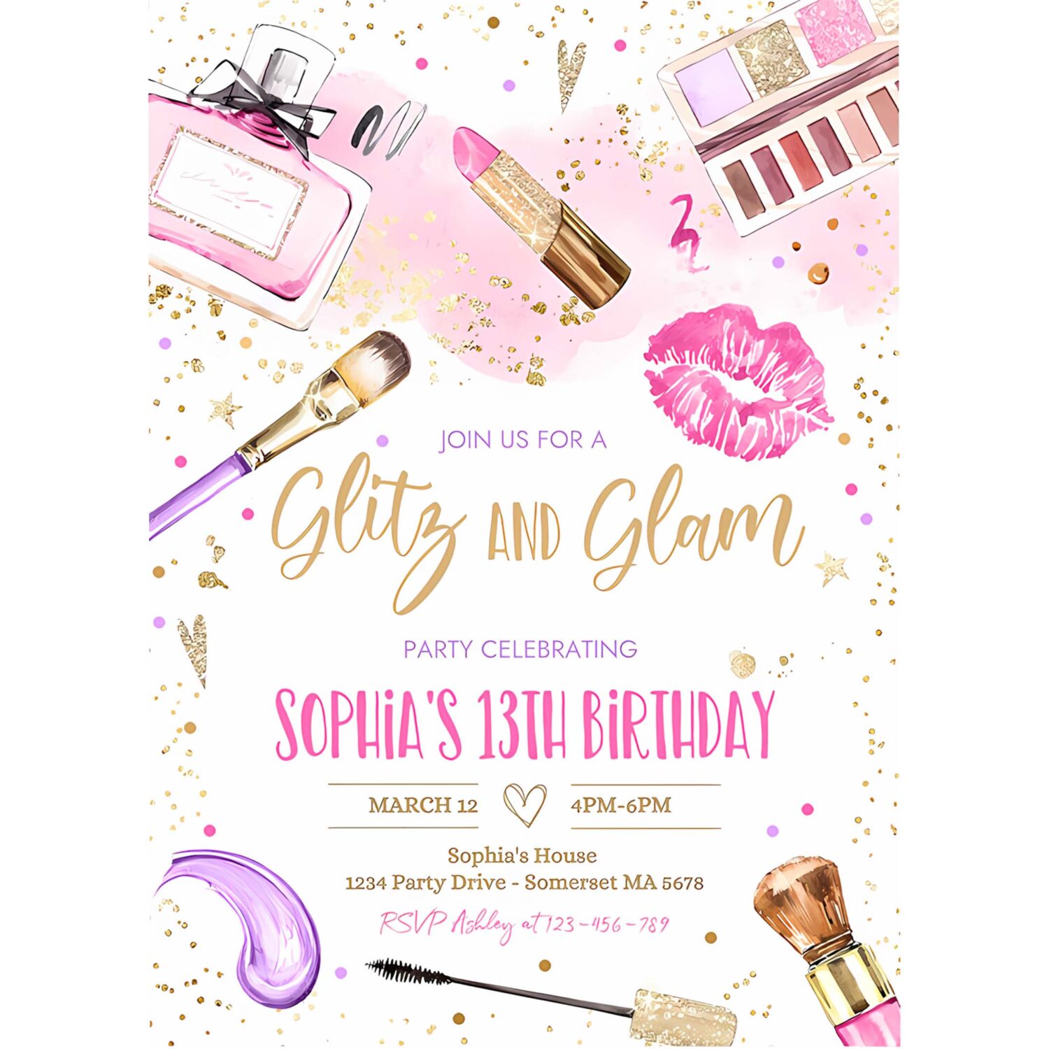 Editable glitz and glam birthday invitation spa makeup birthday party invitation blush pink gold spa tween party instant download ks 4