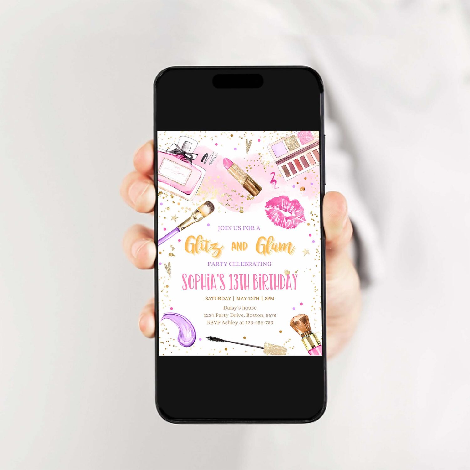 Editable glitz and glam birthday party invitation spa makeup birthday party invitation blush pink gold spa tween party 2
