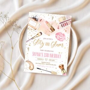 Editable glitz and glam birthday party invitation spa makeup birthday party invitation blush pink gold spa tween party instant download ks 1