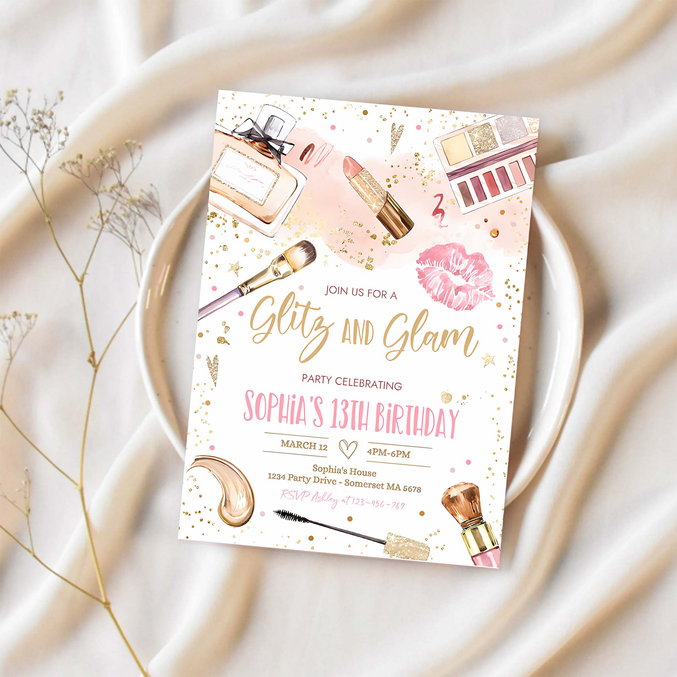 Editable Glitz And Glam Birthday Party Invitation Spa Makeup Birthday Party Invitation Blush Pink Gold Spa Tween Party Instant Download KS