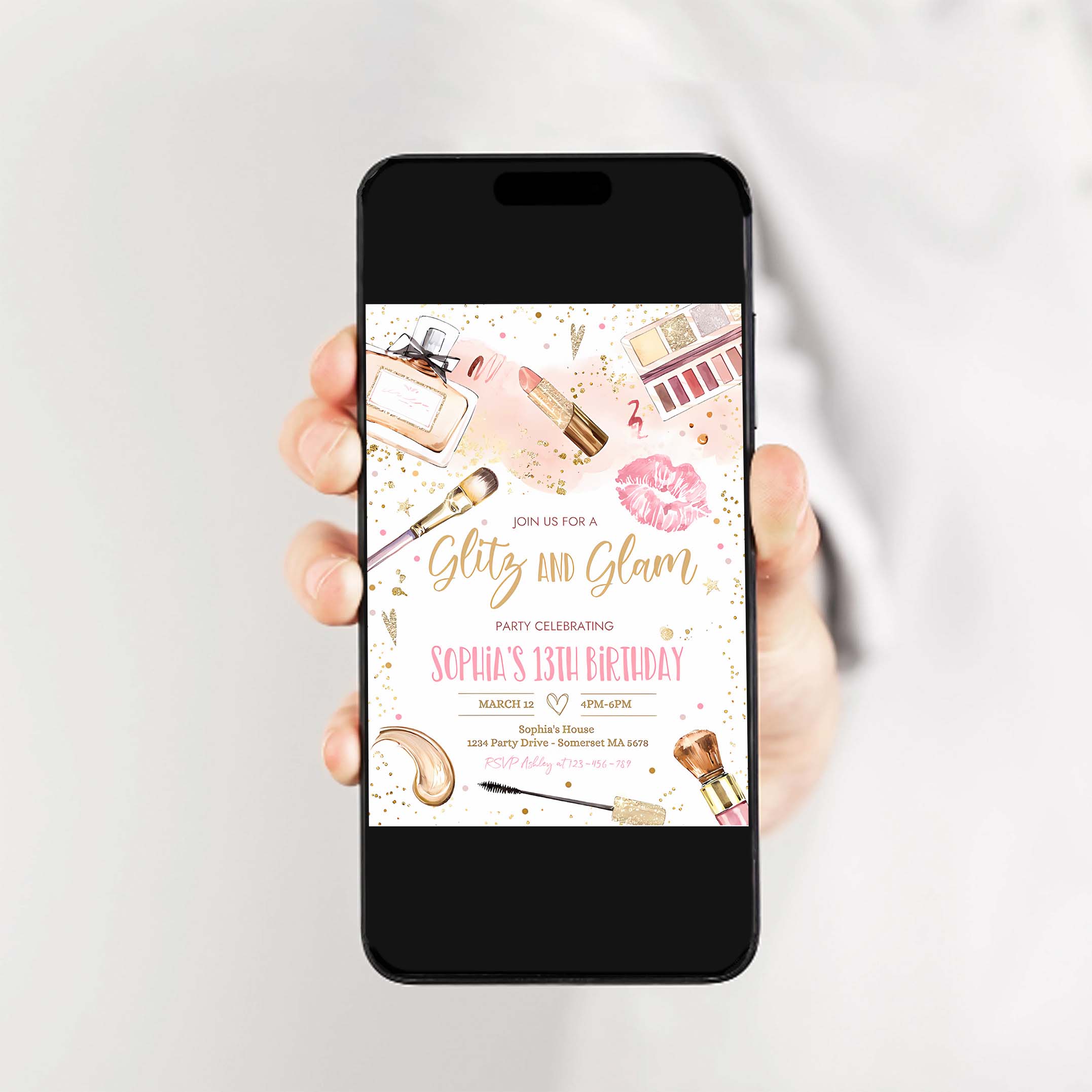 Editable Glitz And Glam Birthday Party Invitation Spa Makeup Birthday Party Invitation Blush Pink Gold Spa Tween Party Instant Download KS