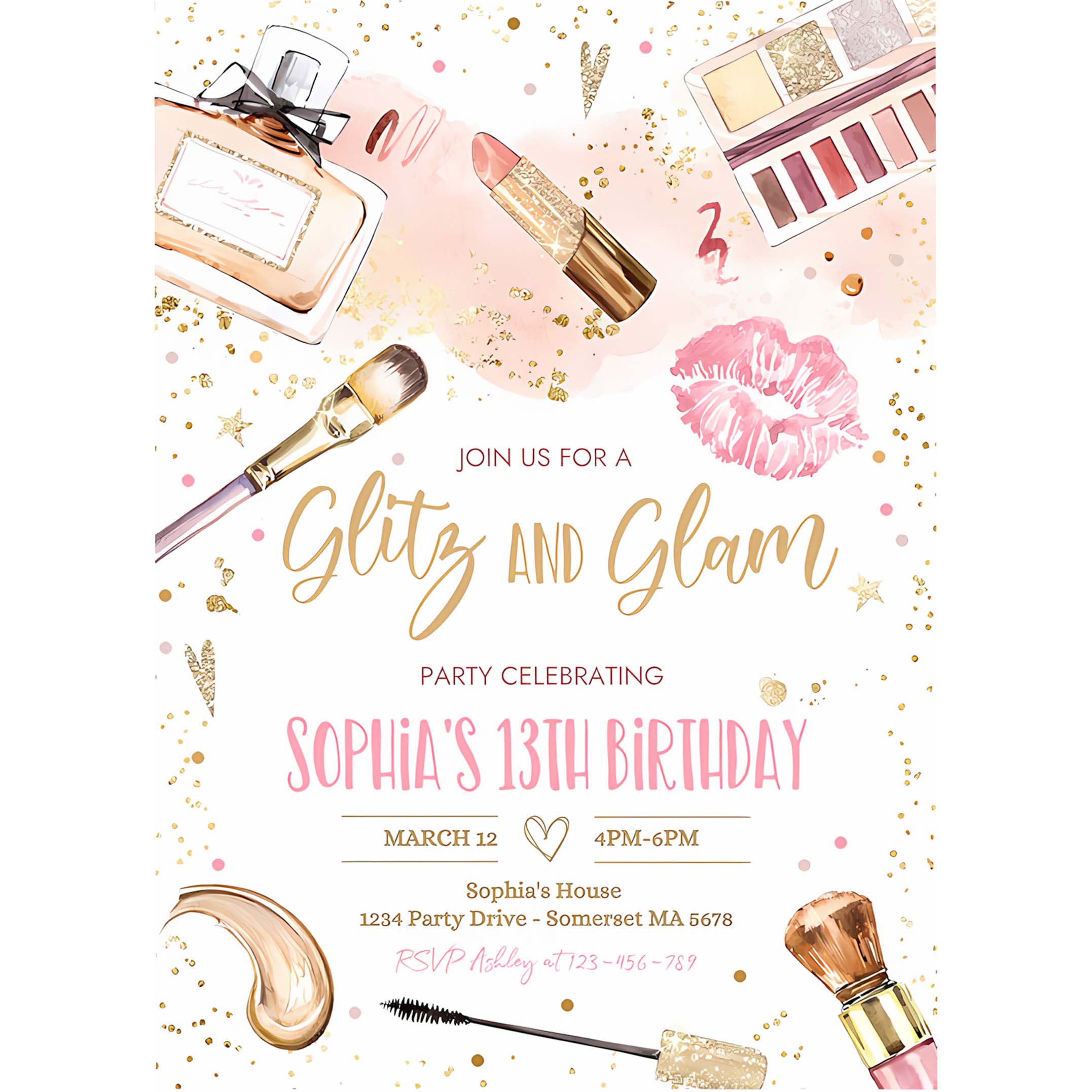 Editable Glitz And Glam Birthday Party Invitation Spa Makeup Birthday Party Invitation Blush Pink Gold Spa Tween Party Instant Download KS