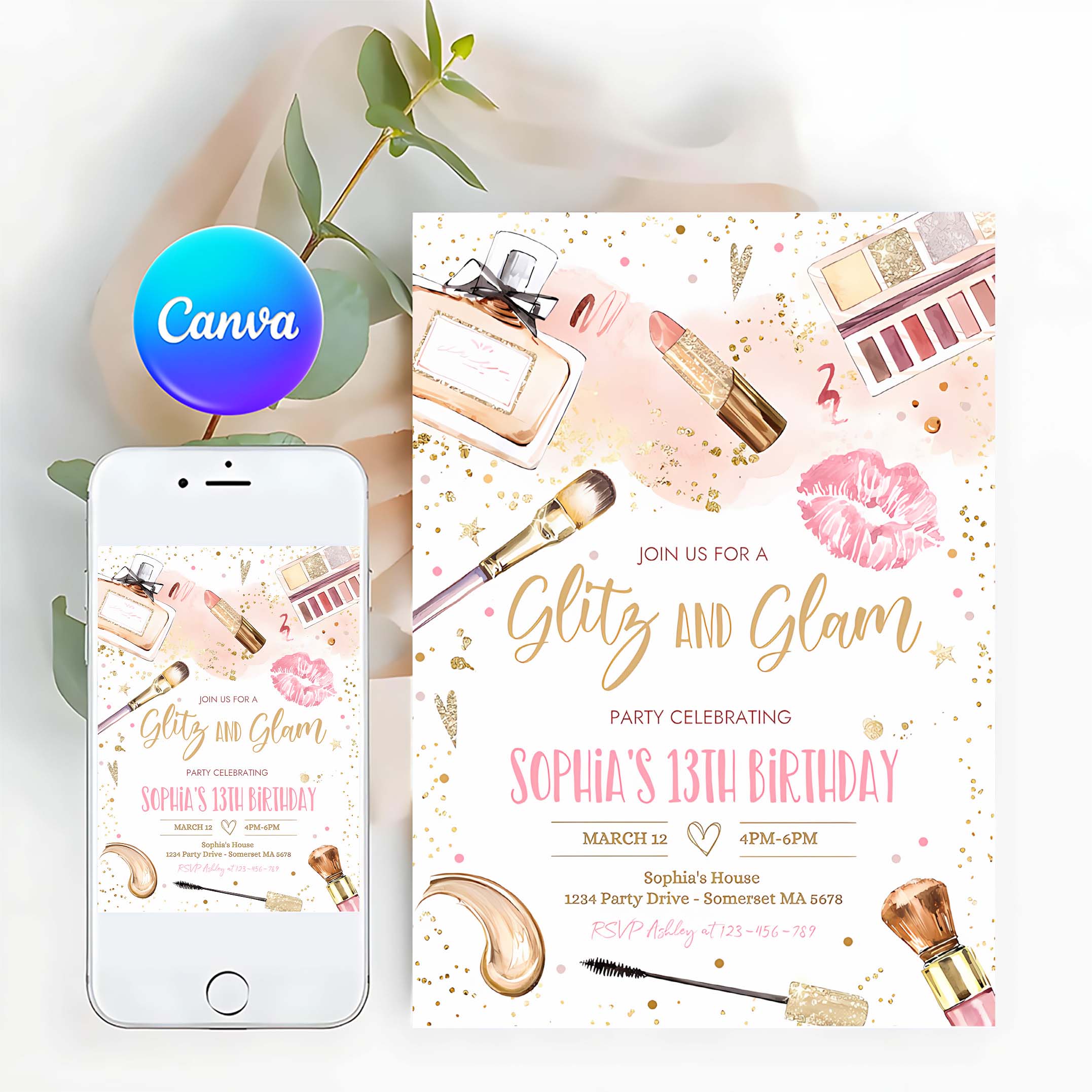 Editable Glitz And Glam Birthday Party Invitation Spa Makeup Birthday Party Invitation Blush Pink Gold Spa Tween Party Instant Download KS