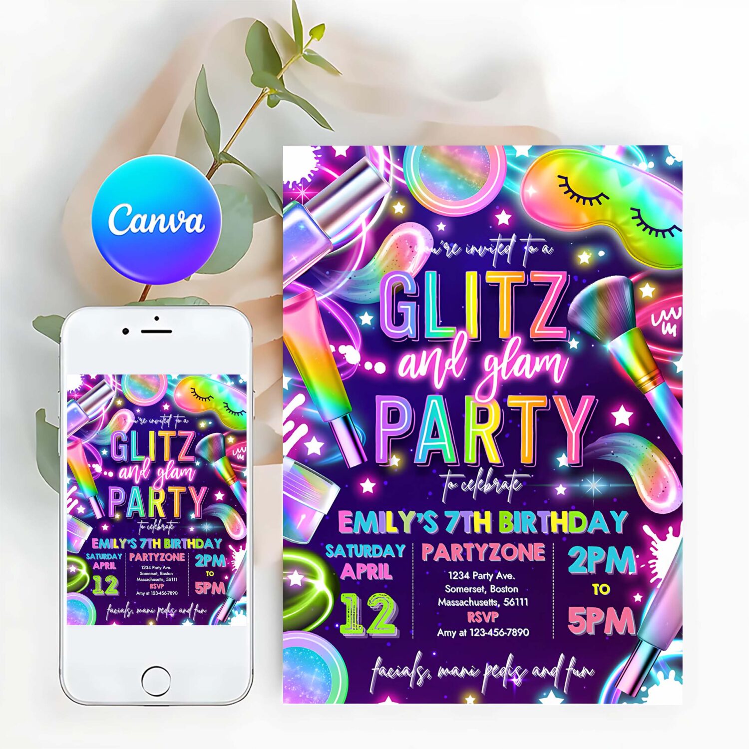 Editable glitz and glam spa makeup birthday invitation neon glow spa party invitation glam makeup glow birthday party