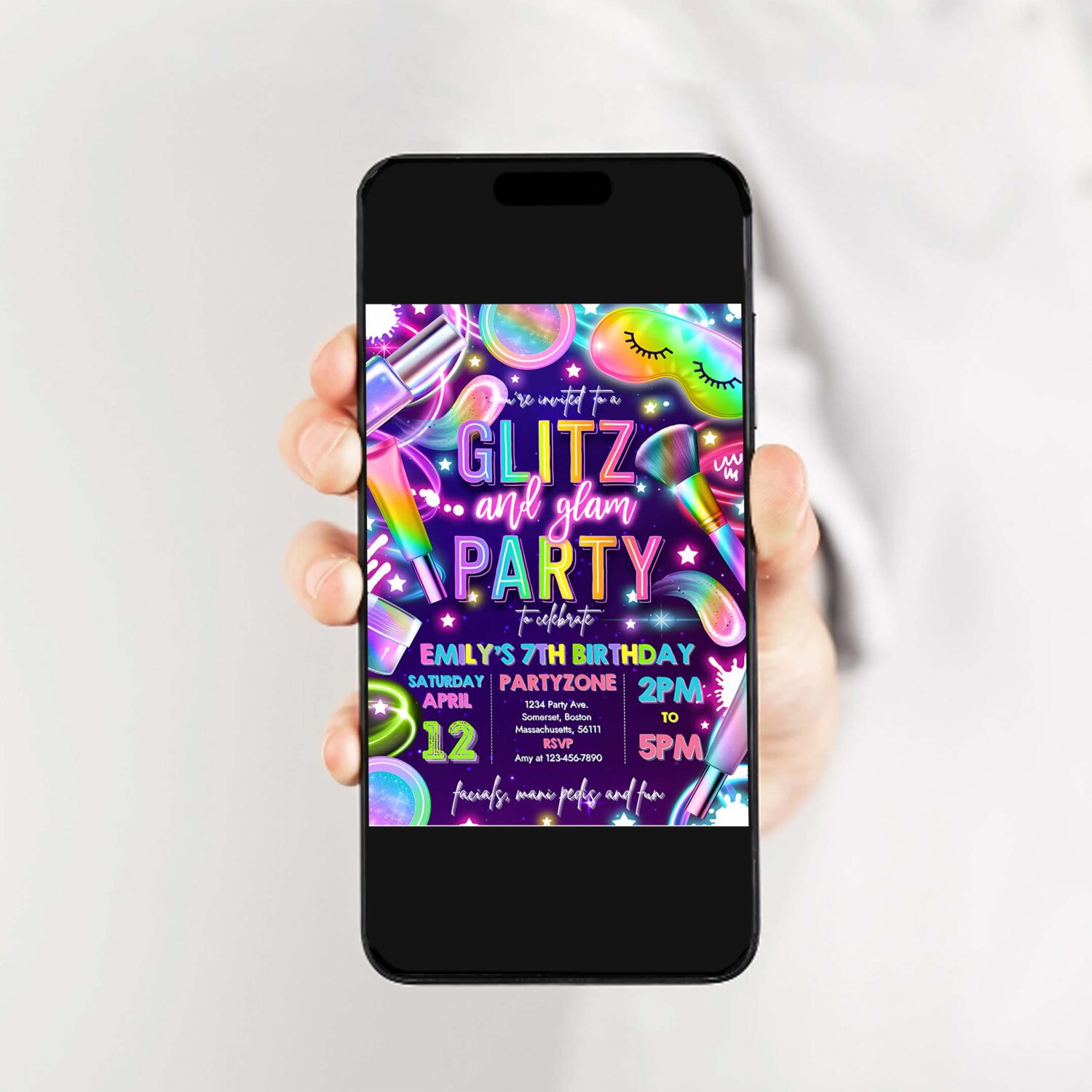 Editable glitz and glam spa makeup birthday invitation neon glow spa party invitation glam makeup glow birthday party 2