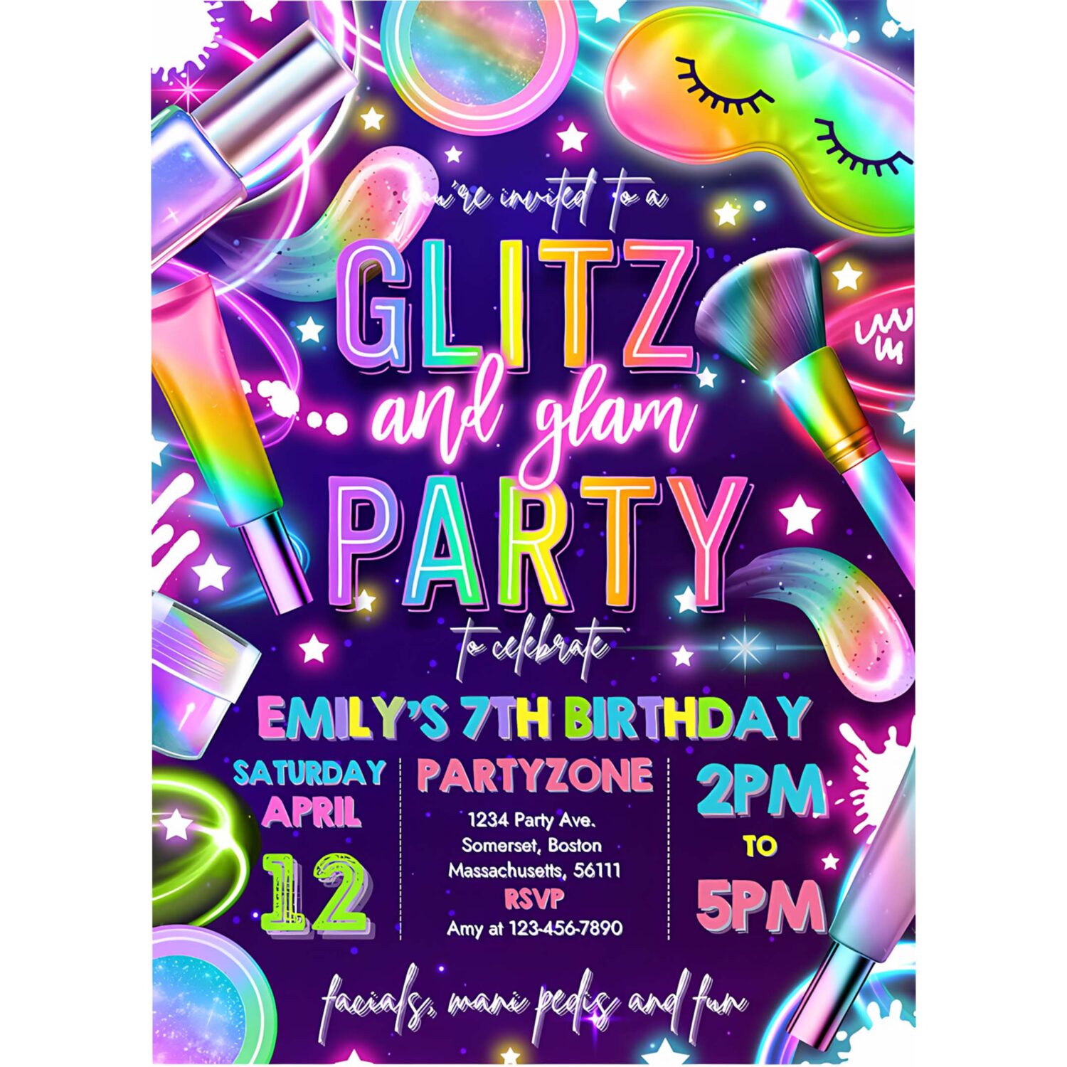 Editable glitz and glam spa makeup birthday invitation neon glow spa party invitation glam makeup glow birthday party 4
