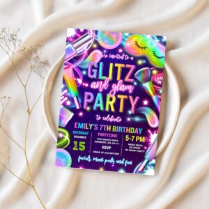 Editable glitz and glam spa makeup birthday invitation neon glow spa party invitation glam makeup glow birthday party instant download tr5 1