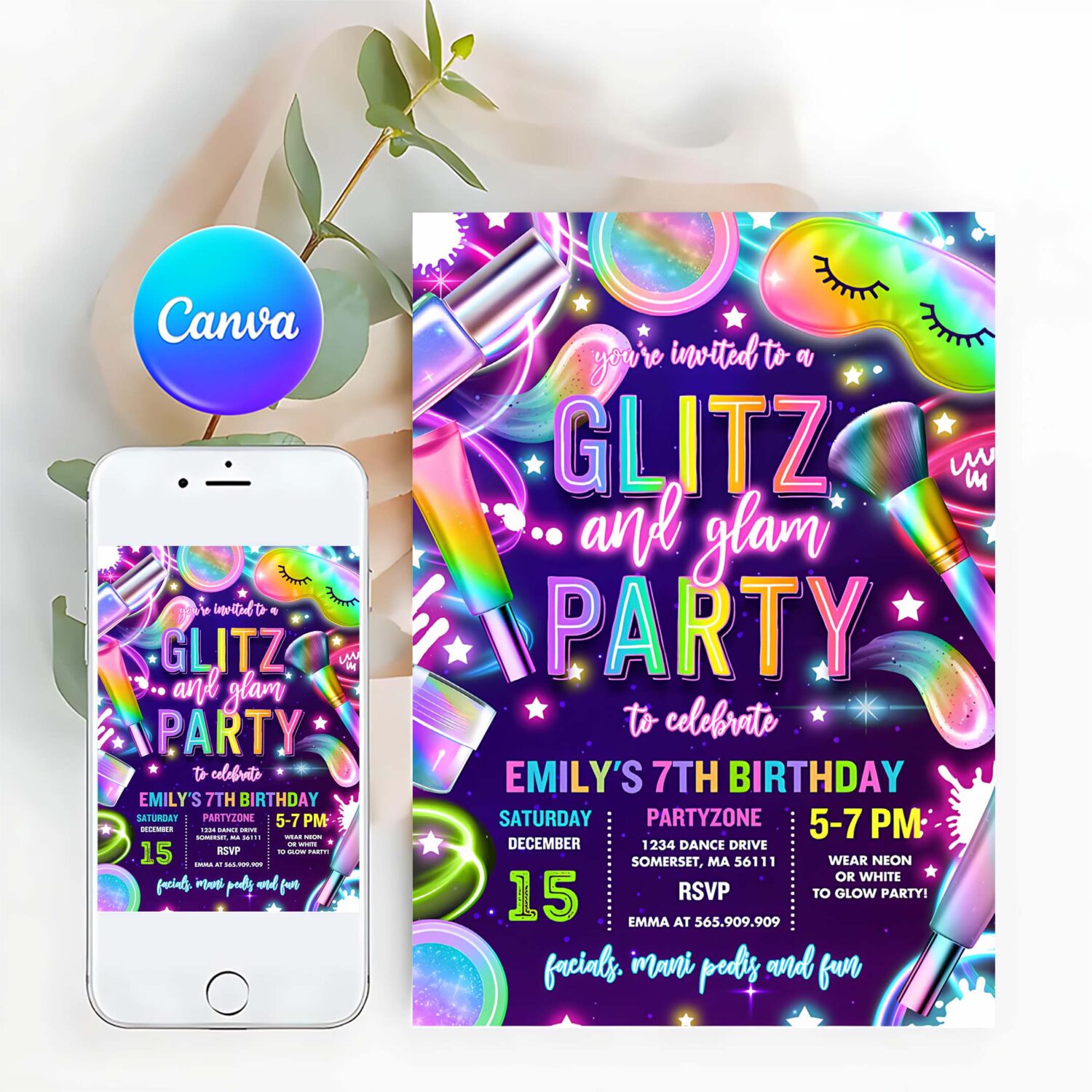 Editable glitz and glam spa makeup birthday invitation neon glow spa party invitation glam makeup glow birthday party instant download tr5