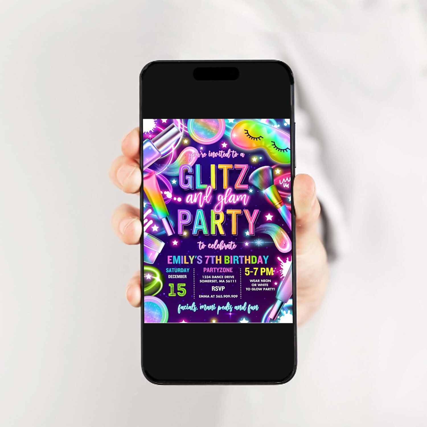 Editable glitz and glam spa makeup birthday invitation neon glow spa party invitation glam makeup glow birthday party instant download tr5 2