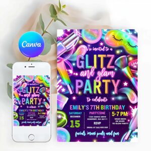 Glitz And Glam Invitation, Glitz And Glam Spa Makeup Birthday Invitation Neon Glow Spa Party Invitation Glam Makeup Glow Birthday Party