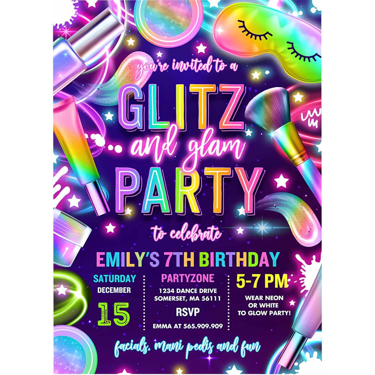 Editable glitz and glam spa makeup birthday invitation neon glow spa party invitation glam makeup glow birthday party instant download tr5 4