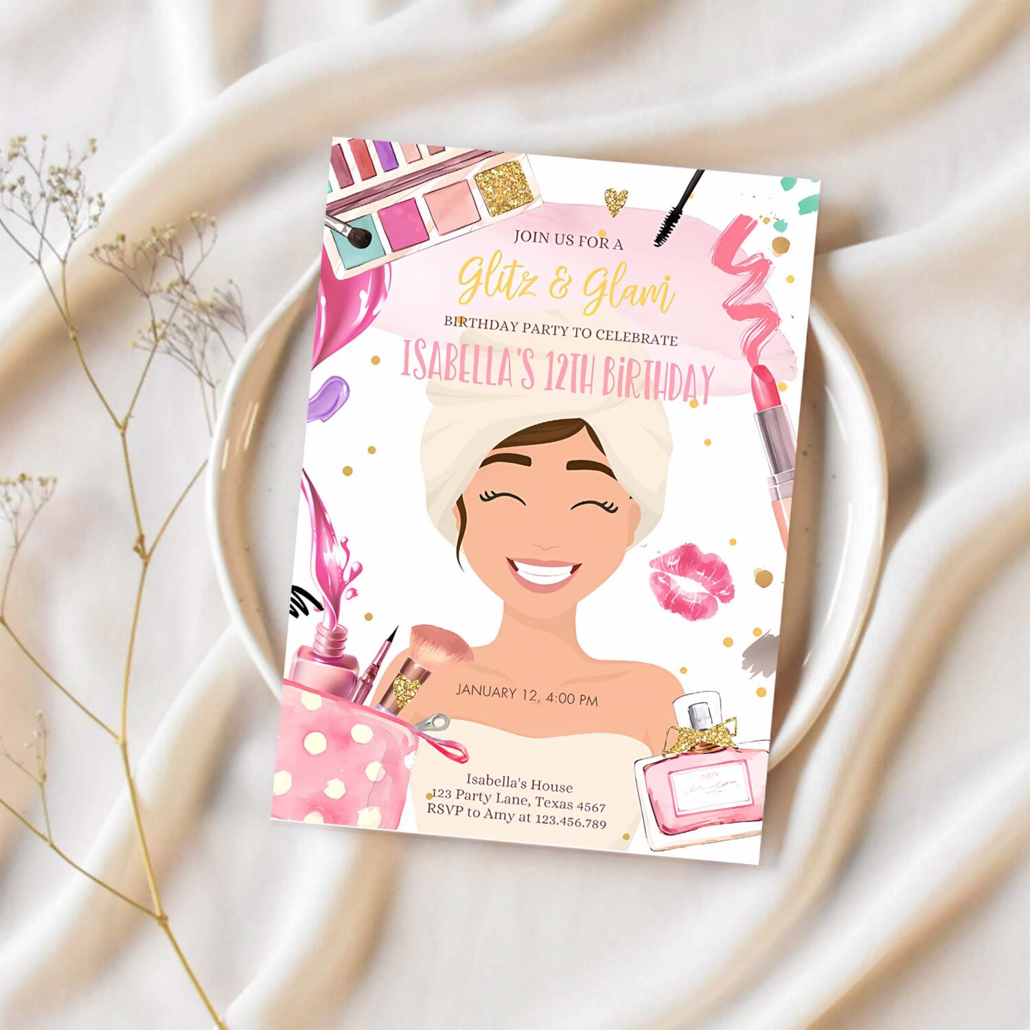 Editable glitz and glam birthday invitation spa party makeup birthday invitation pink gold girl download printable template corjl 0420 1