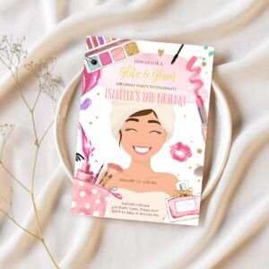Editable glitz and glam birthday invitation spa party makeup birthday invitation pink gold girl download printable template corjl 0420 1