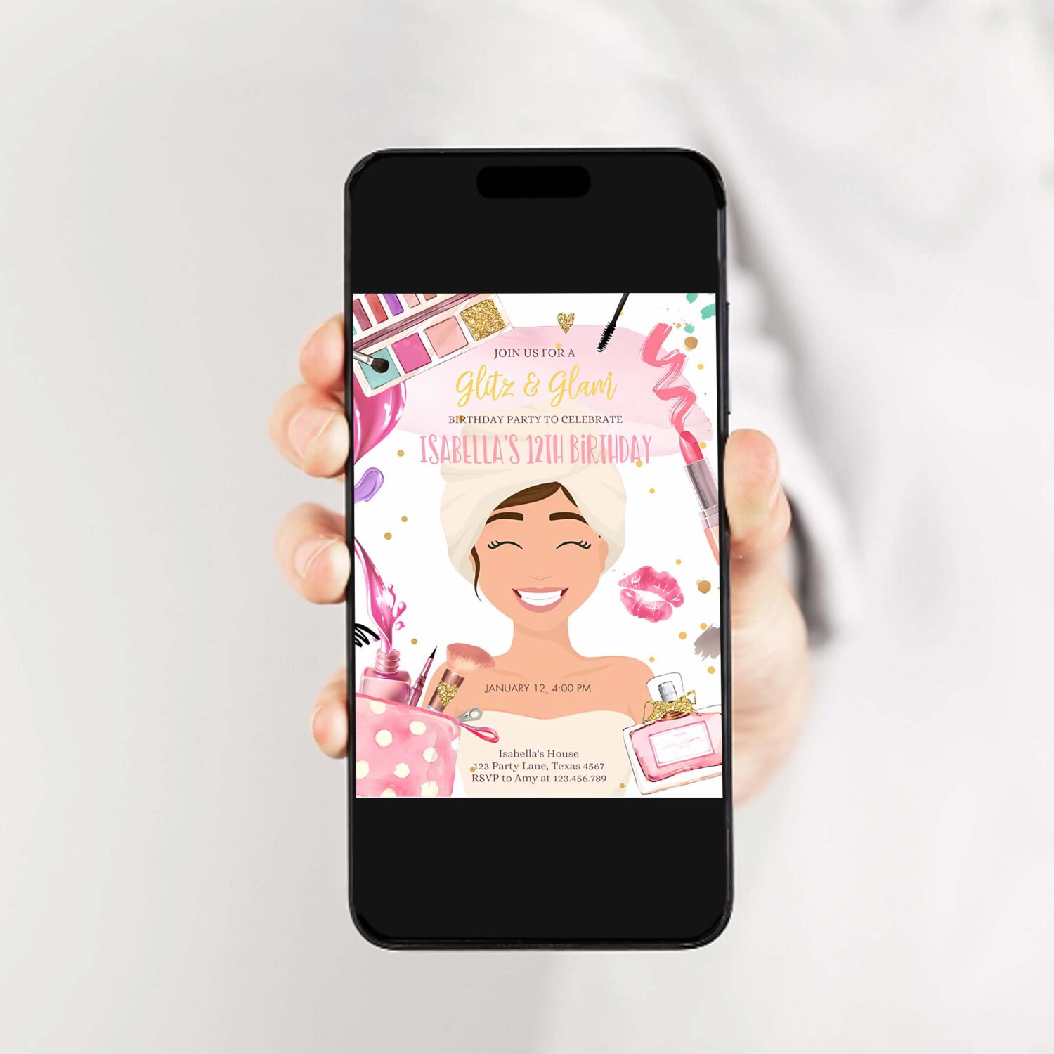 Editable glitz and glam birthday invitation spa party makeup birthday invitation pink gold girl download printable template corjl 0420 2