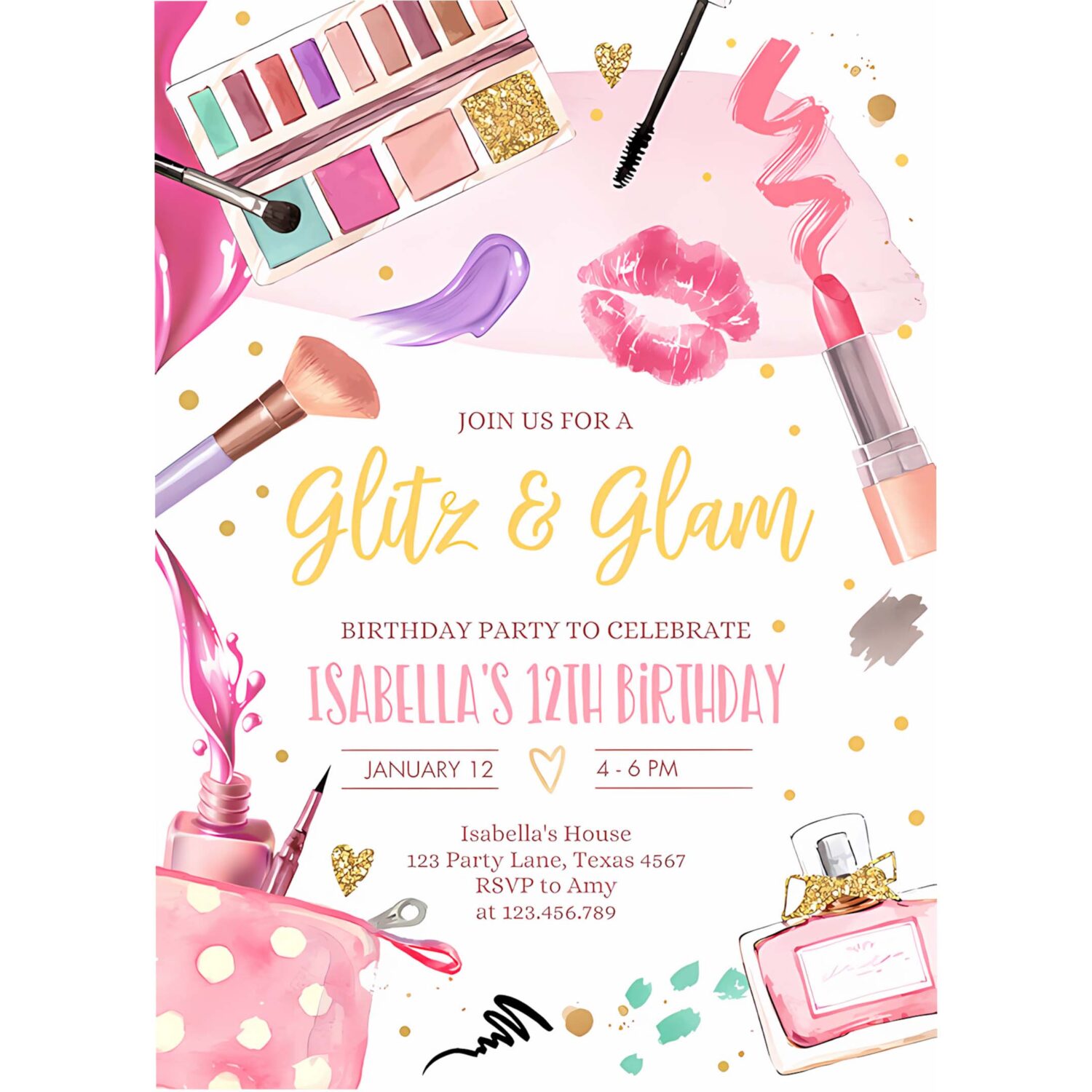 Editable glitz and glam birthday party invitation spa party makeup birthday invitation pink gold girl download printable template 4
