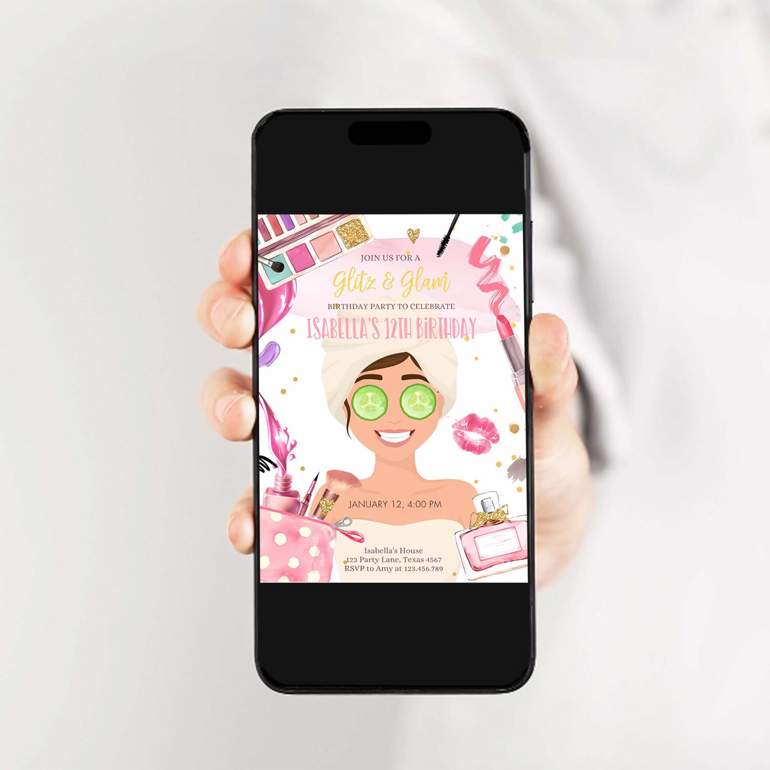 Editable glitz and glam birthday party invitation spa party makeup birthday invitation pink gold girl download printable template corjl 0420 2