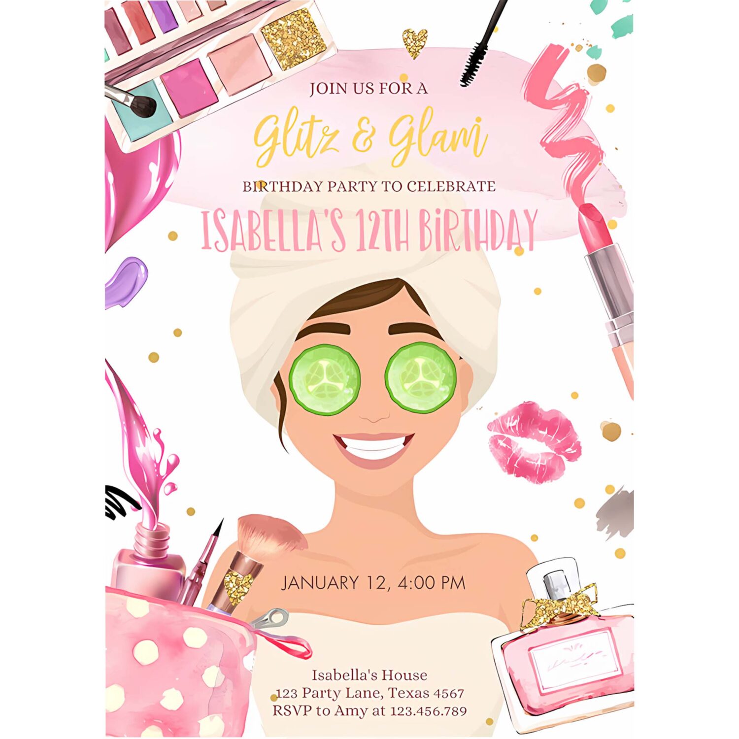 Editable glitz and glam birthday party invitation spa party makeup birthday invitation pink gold girl download printable template corjl 0420 4